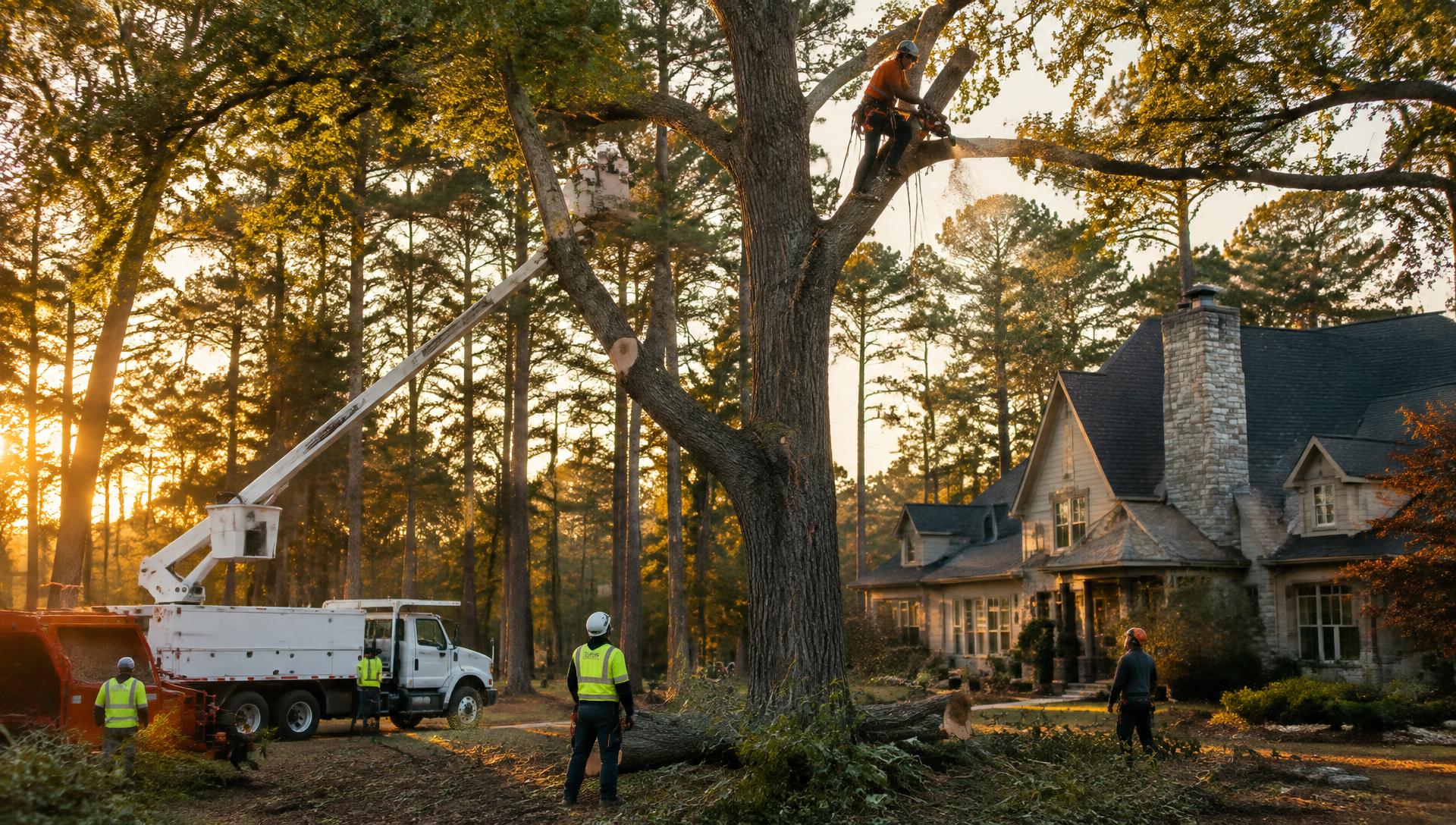 Kapok Tree Service crew removing a large oak beside a North Carolina home